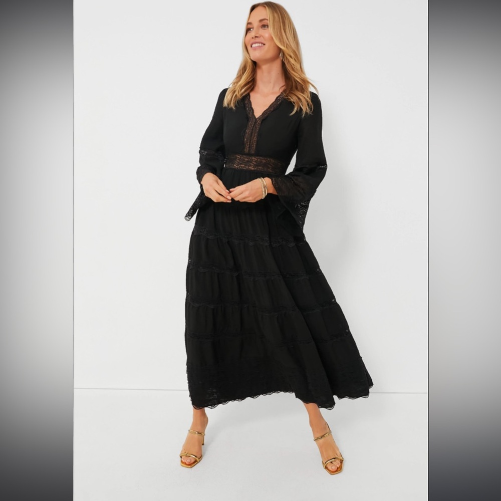 Hyacinth House Tuckernuck Lydia Black Lace Tiered Elegant Maxi Dress Large, New
